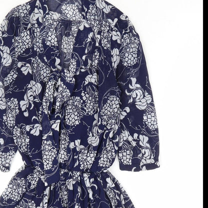Primark Womens Blue Floral Polyester Fit & Flare Size 6 V-Neck Tie - Tie Neck Elastic Waist