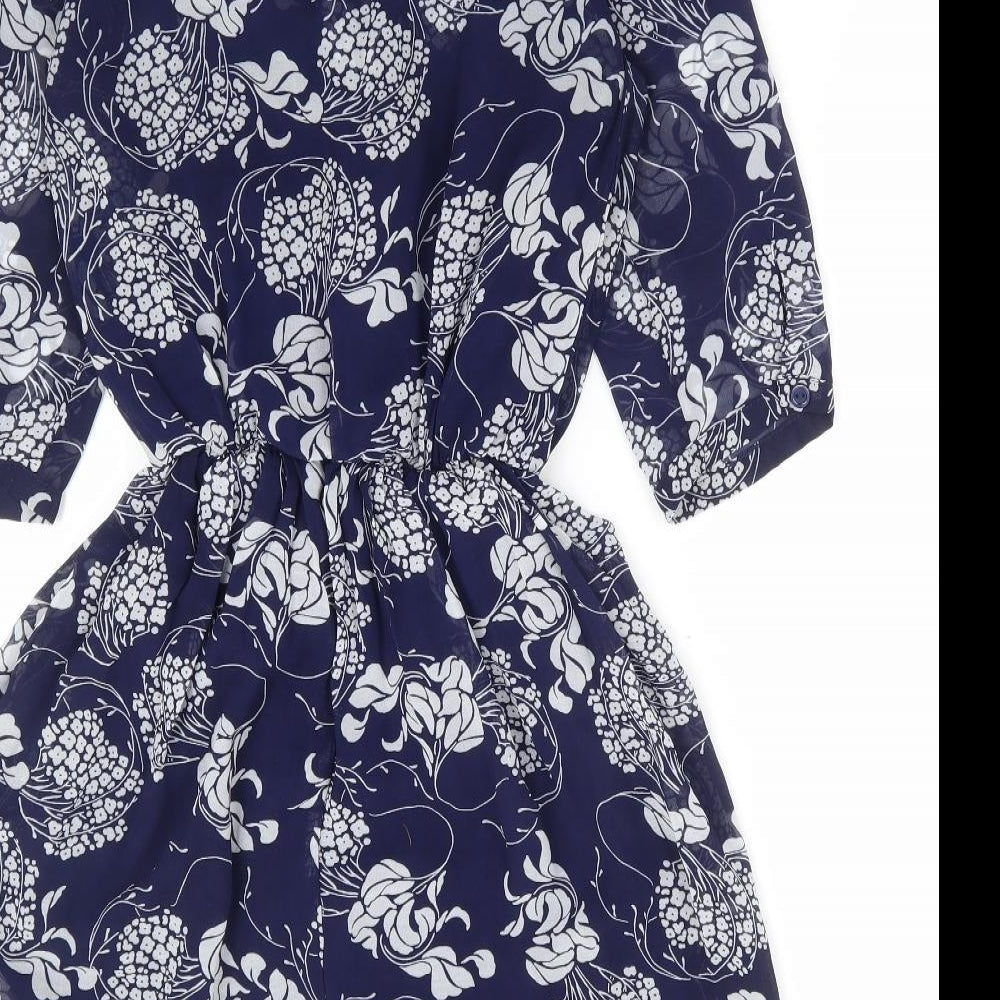Primark Womens Blue Floral Polyester Fit & Flare Size 6 V-Neck Tie - Tie Neck Elastic Waist