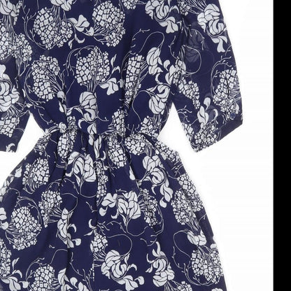 Primark Womens Blue Floral Polyester Fit & Flare Size 6 V-Neck Tie - Tie Neck Elastic Waist