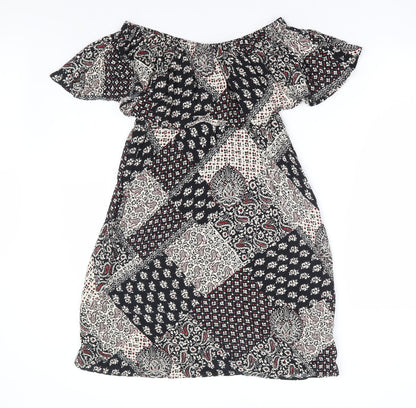 Topshop Womens Black Floral Viscose A-Line Size 8 Off the Shoulder Pullover - Patchwork Bardot