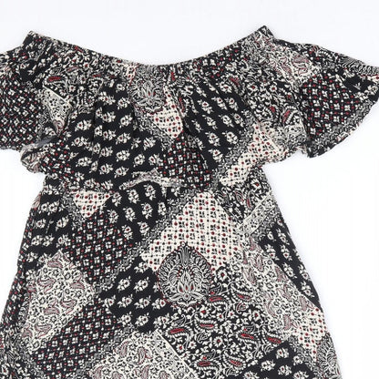 Topshop Womens Black Floral Viscose A-Line Size 8 Off the Shoulder Pullover - Patchwork Bardot