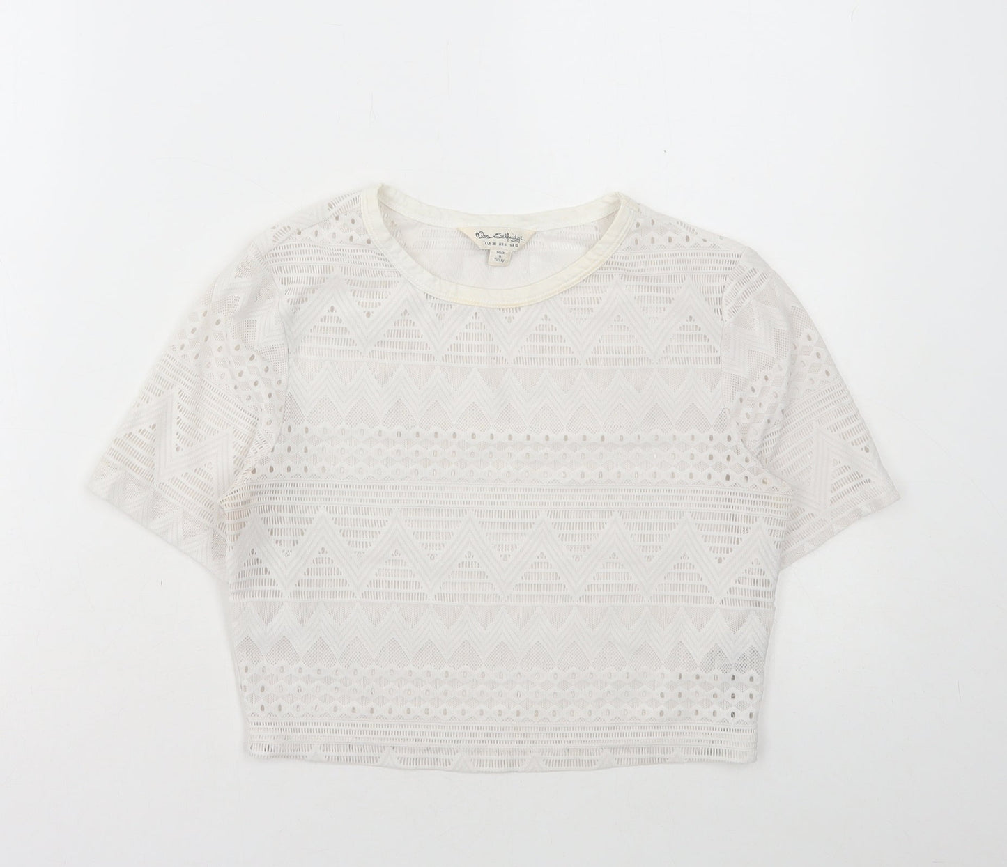 Miss Selfridge Womens White Polyamide Cropped T-Shirt Size 10 Round Neck