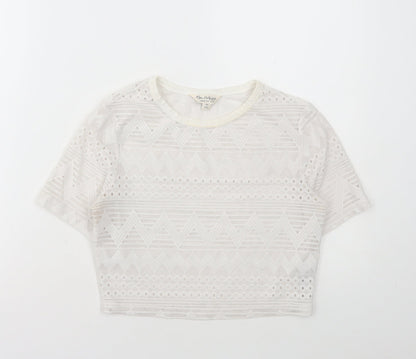Miss Selfridge Womens White Polyamide Cropped T-Shirt Size 10 Round Neck