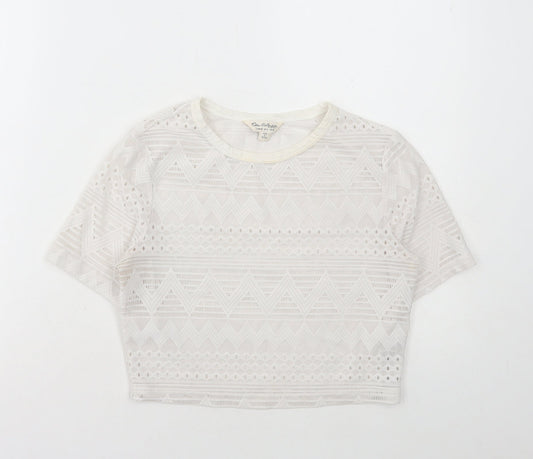 Miss Selfridge Womens White Polyamide Cropped T-Shirt Size 10 Round Neck