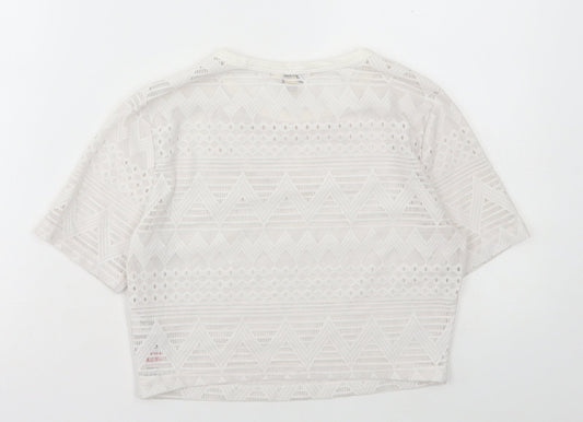 Miss Selfridge Womens White Polyamide Cropped T-Shirt Size 10 Round Neck