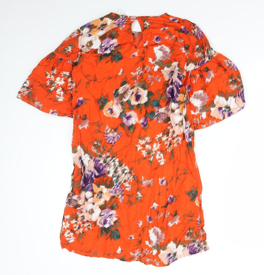 H&M Womens Red Floral Viscose Shift Size 8 Round Neck Button