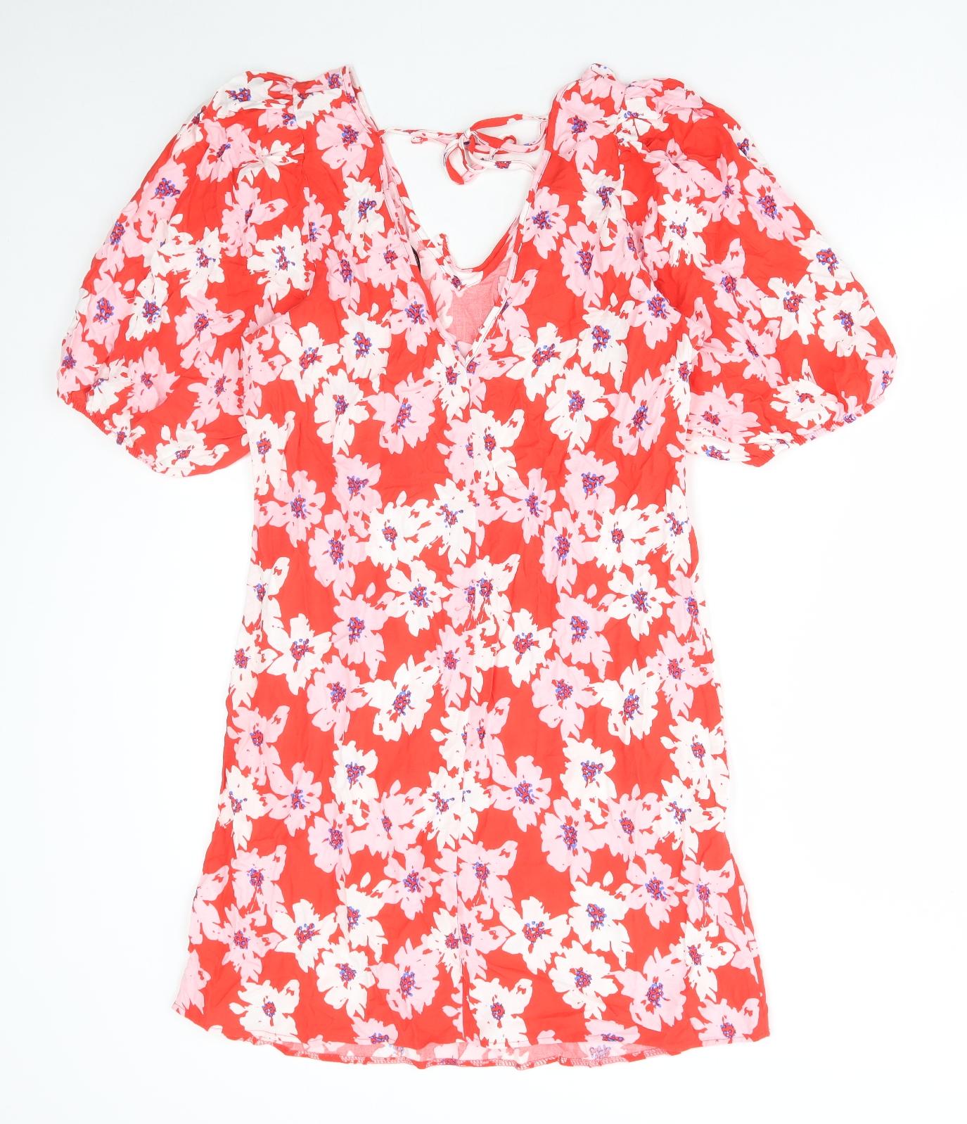 George Womens Red Floral Viscose A-Line Size 12 V-Neck Tie