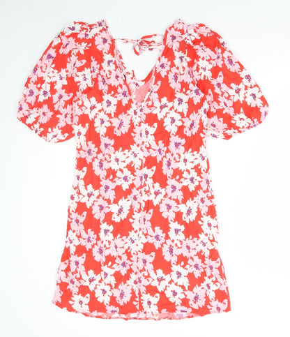 George Womens Red Floral Viscose A-Line Size 12 V-Neck Tie