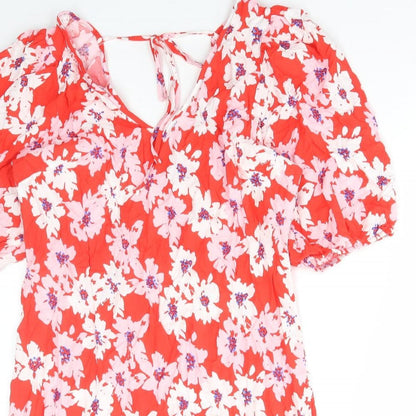 George Womens Red Floral Viscose A-Line Size 12 V-Neck Tie