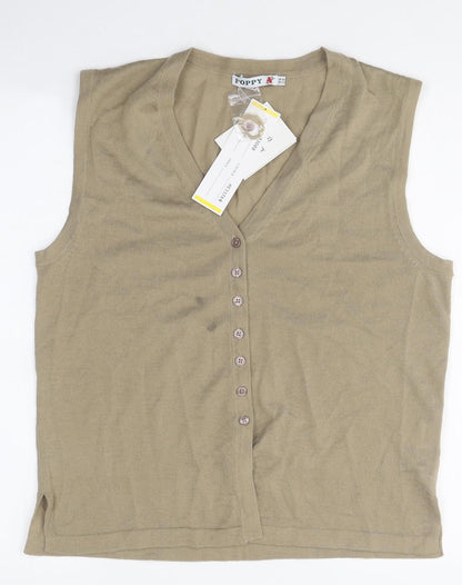 Poppy Womens Beige Polyester Basic Button-Up Size 16 V-Neck