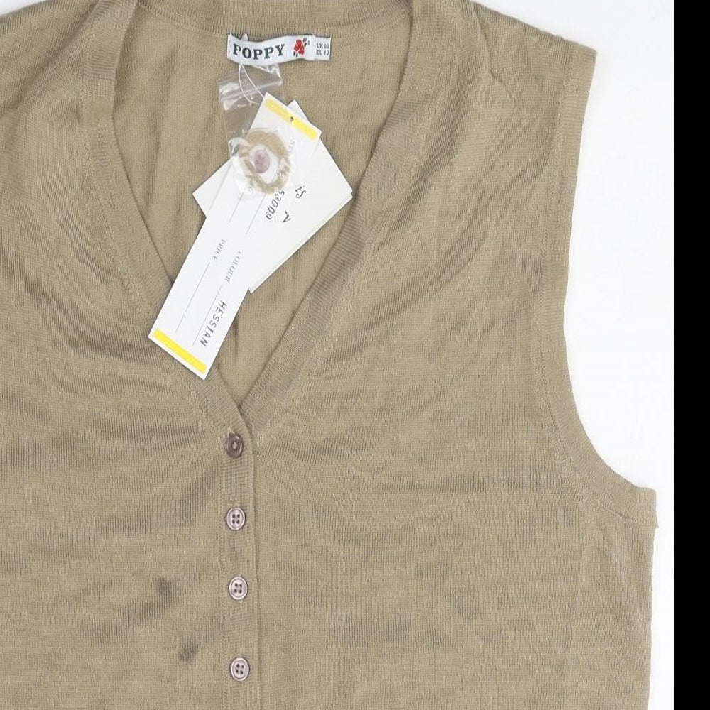 Poppy Womens Beige Polyester Basic Button-Up Size 16 V-Neck