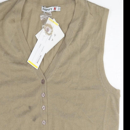 Poppy Womens Beige Polyester Basic Button-Up Size 16 V-Neck
