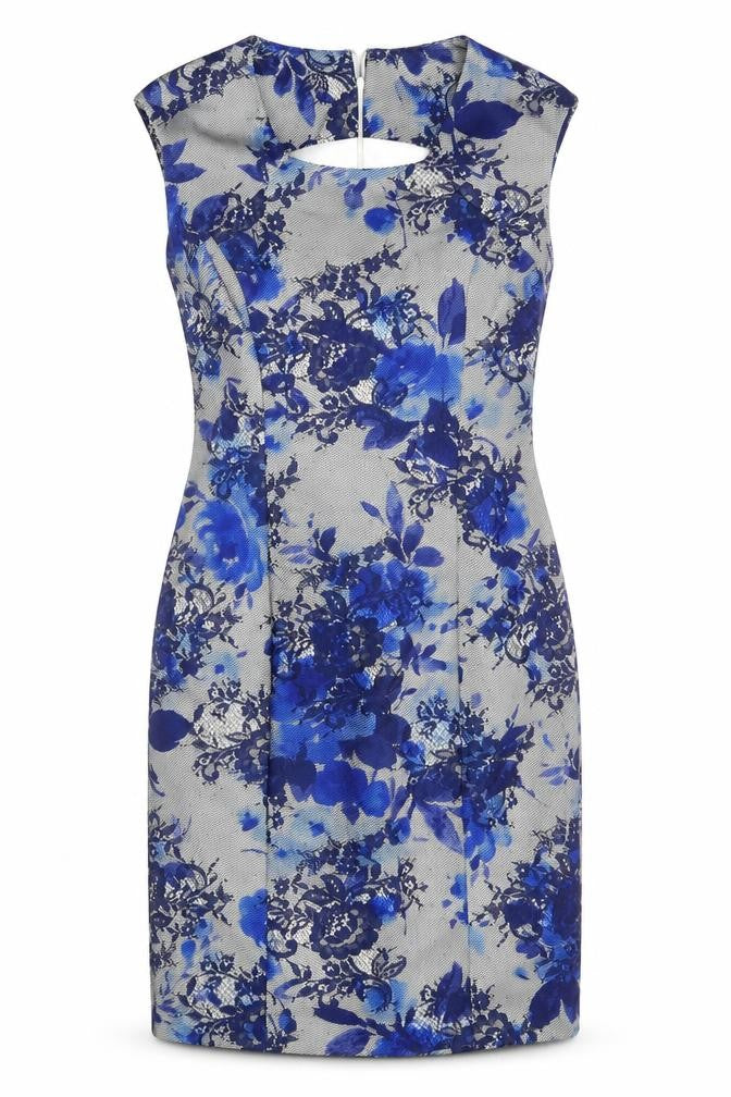 Linea Womens Blue Floral Polyester Shift Size 8 Round Neck Zip
