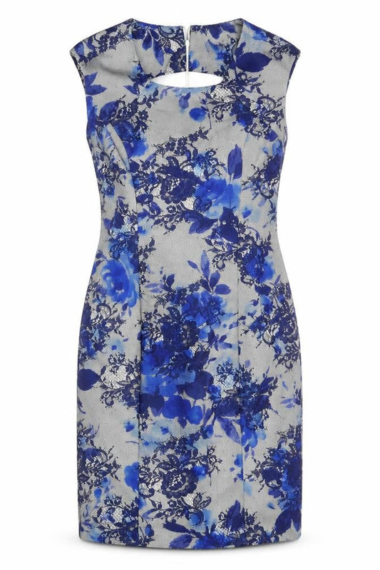 Linea Womens Blue Floral Polyester Shift Size 8 Round Neck Zip