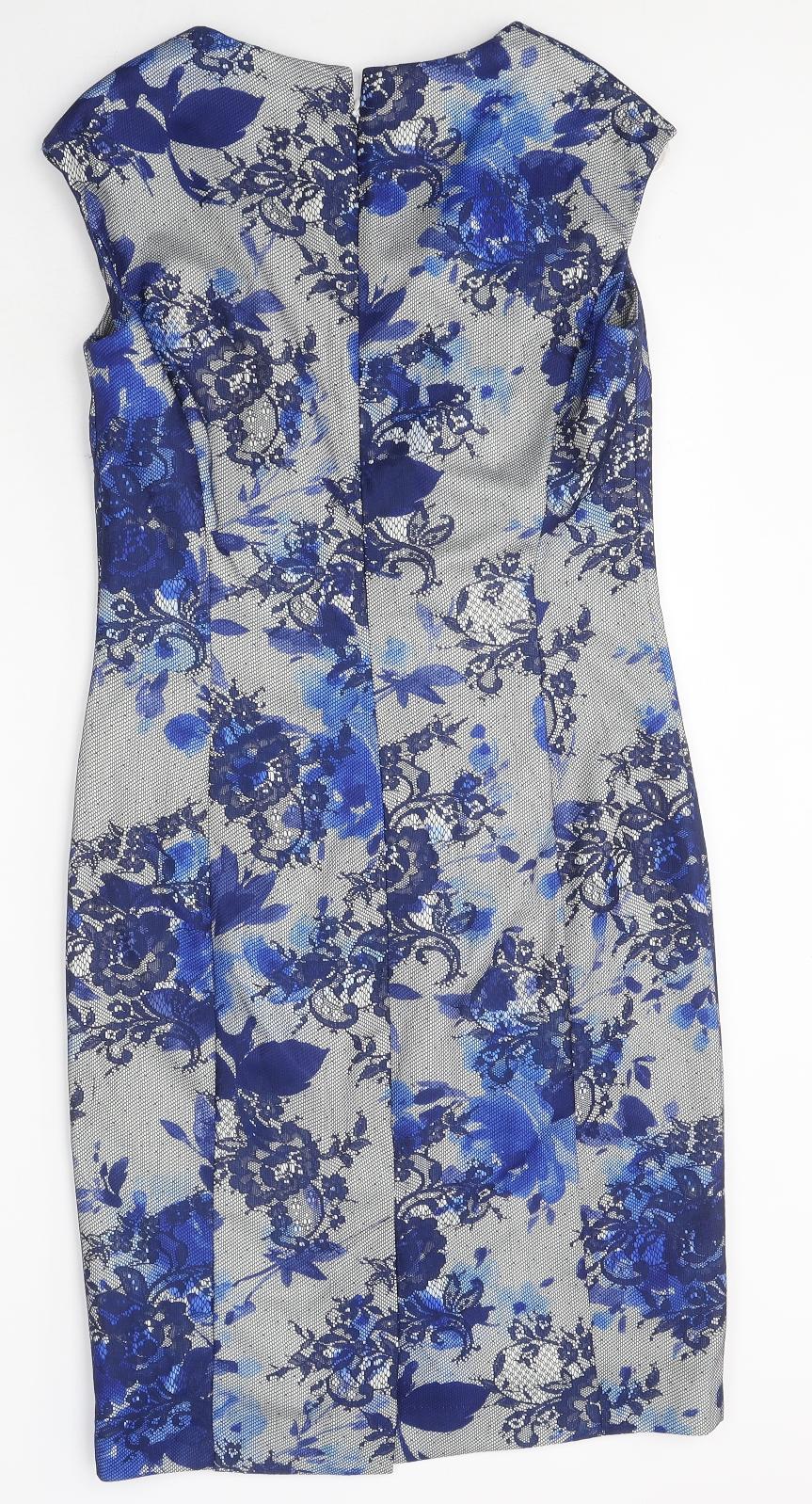 Linea Womens Blue Floral Polyester Shift Size 8 Round Neck Zip