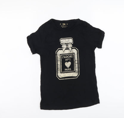 YD Girls Black Cotton Basic T-Shirt Size 9-10 Years Round Neck Pullover - Perfume Bottle