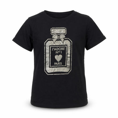 YD Girls Black Cotton Basic T-Shirt Size 9-10 Years Round Neck Pullover - Perfume Bottle
