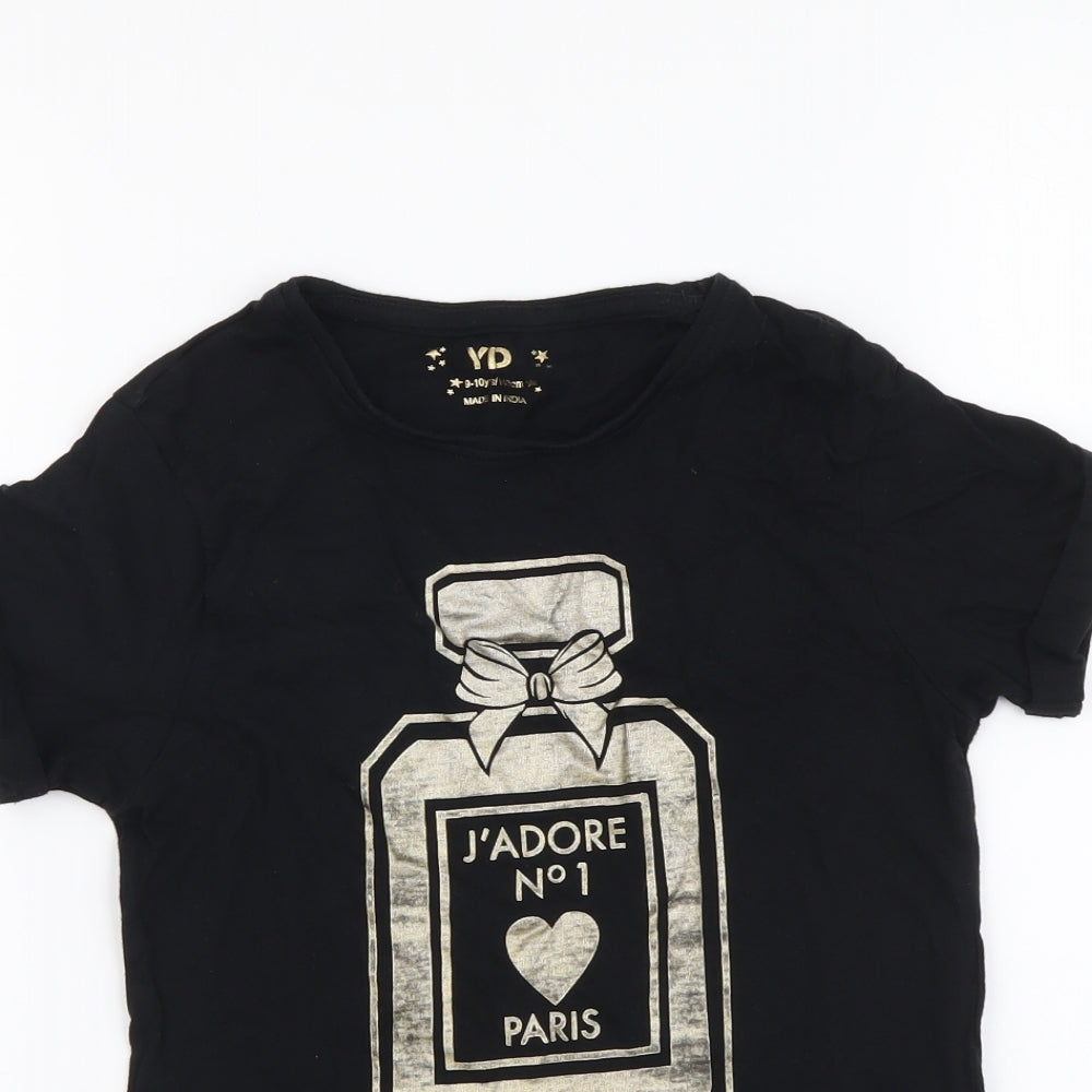 YD Girls Black Cotton Basic T-Shirt Size 9-10 Years Round Neck Pullover - Perfume Bottle