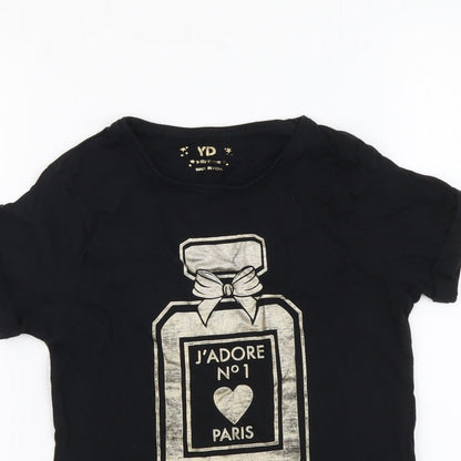 YD Girls Black Cotton Basic T-Shirt Size 9-10 Years Round Neck Pullover - Perfume Bottle