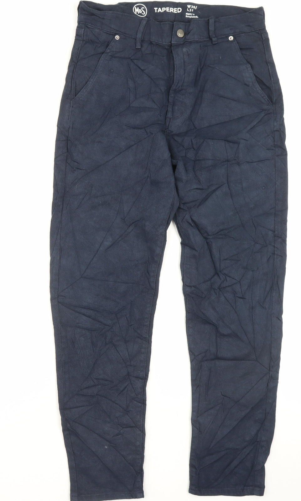 Marks and Spencer Mens Blue Cotton Tapered Jeans Size 30 in L31 in Regular Button