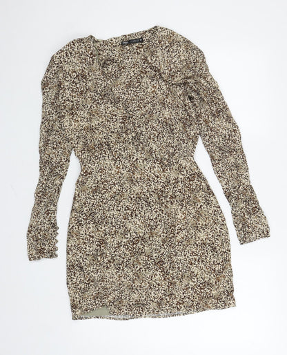 Zara Womens Brown Animal Print Viscose Fit & Flare Size S V-Neck Button - Shoulder Pads