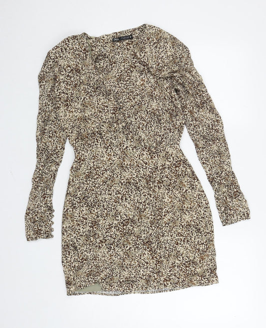 Zara Womens Brown Animal Print Viscose Fit & Flare Size S V-Neck Button - Shoulder Pads