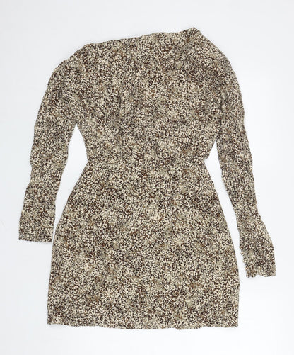 Zara Womens Brown Animal Print Viscose Fit & Flare Size S V-Neck Button - Shoulder Pads
