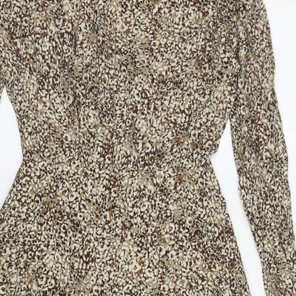 Zara Womens Brown Animal Print Viscose Fit & Flare Size S V-Neck Button - Shoulder Pads