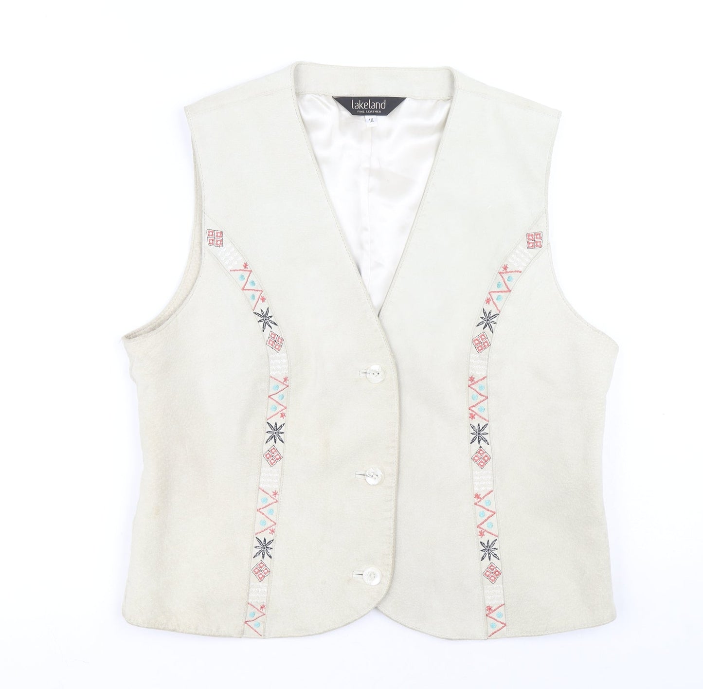 Lakeland Womens Beige Gilet Jacket Size 14 Button - Embroidered detail