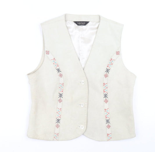 Lakeland Womens Beige Gilet Jacket Size 14 Button - Embroidered detail