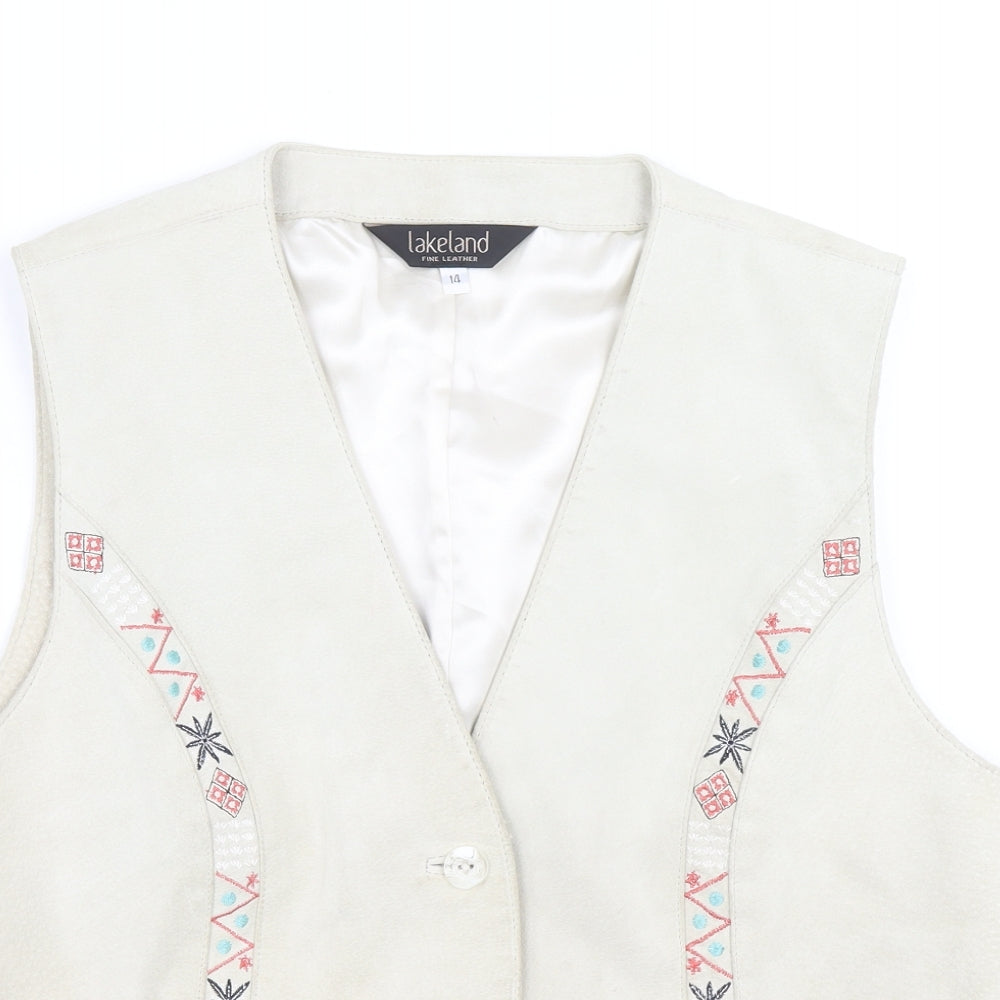 Lakeland Womens Beige Gilet Jacket Size 14 Button - Embroidered detail