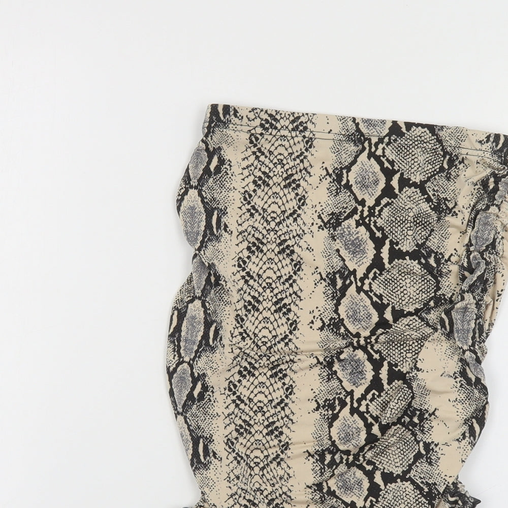 PRETTYLITTLETHING Womens Beige Animal Print Polyester Straight & Pencil Skirt Size 4 - Snake Print Ruched