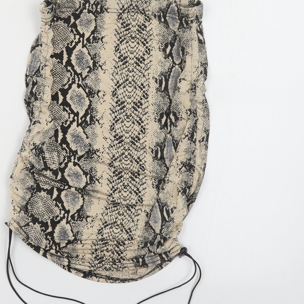 PRETTYLITTLETHING Womens Beige Animal Print Polyester Straight & Pencil Skirt Size 4 - Snake Print Ruched