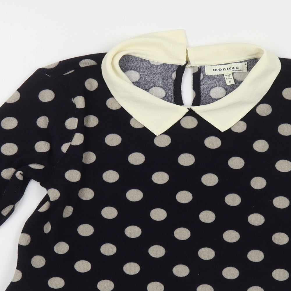Monteau Womens Blue Collared Polka Dot Polyester Pullover Jumper Size S
