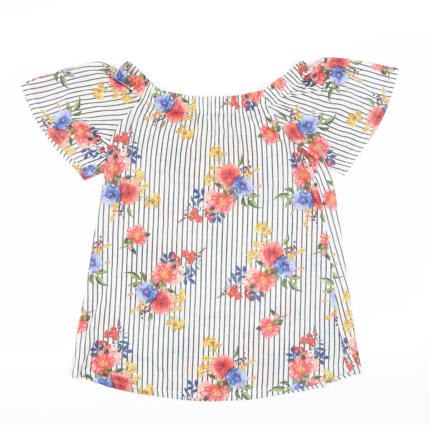 Matalan Womens White Floral Polyester Basic T-Shirt Size 12 Off the Shoulder