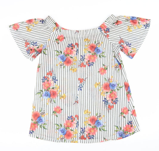 Matalan Womens White Floral Polyester Basic T-Shirt Size 12 Off the Shoulder