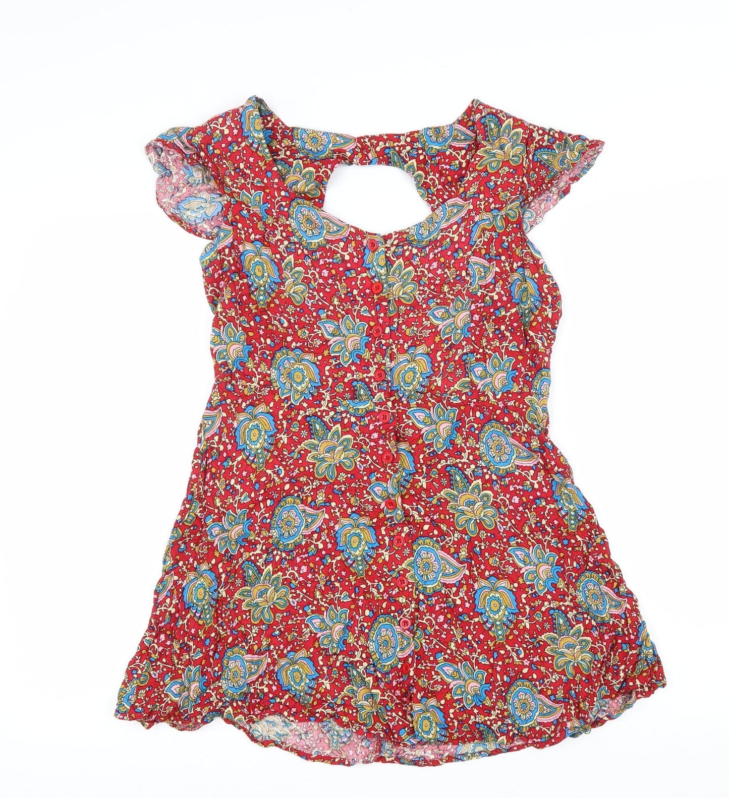 Glamerous Womens Red Floral Viscose A-Line Size 14 Scoop Neck Button
