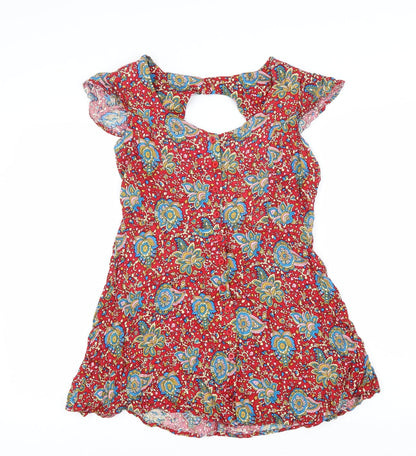 Glamerous Womens Red Floral Viscose A-Line Size 14 Scoop Neck Button