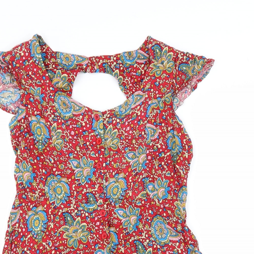 Glamerous Womens Red Floral Viscose A-Line Size 14 Scoop Neck Button
