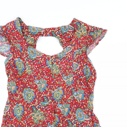 Glamerous Womens Red Floral Viscose A-Line Size 14 Scoop Neck Button