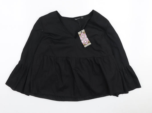 Boohoo Womens Black Polyester Basic Blouse Size 6 V-Neck
