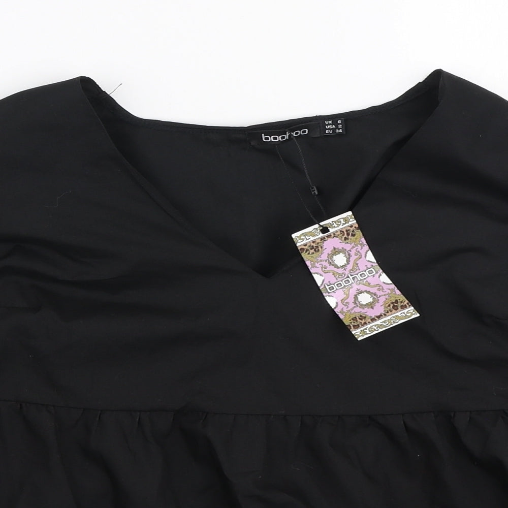 Boohoo Womens Black Polyester Basic Blouse Size 6 V-Neck
