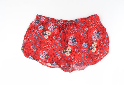 Primark Womens Red Floral Viscose Hot Pants Shorts Size 10 L4 in Regular Drawstring