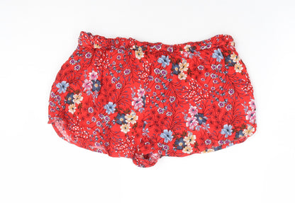 Primark Womens Red Floral Viscose Hot Pants Shorts Size 10 L4 in Regular Drawstring