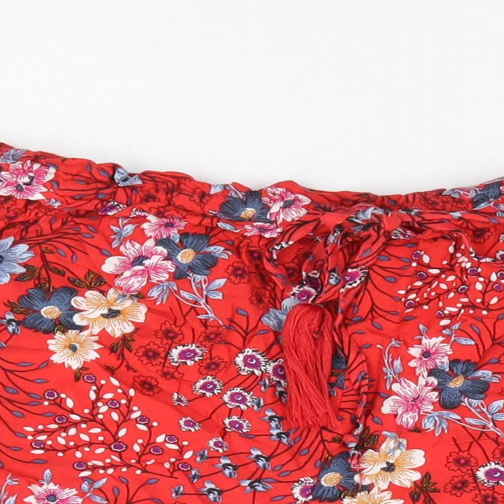 Primark Womens Red Floral Viscose Hot Pants Shorts Size 10 L4 in Regular Drawstring