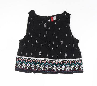H&M Womens Black Geometric Viscose Cropped Blouse Size 12 Round Neck