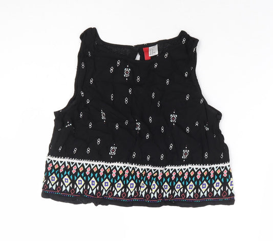 H&M Womens Black Geometric Viscose Cropped Blouse Size 12 Round Neck