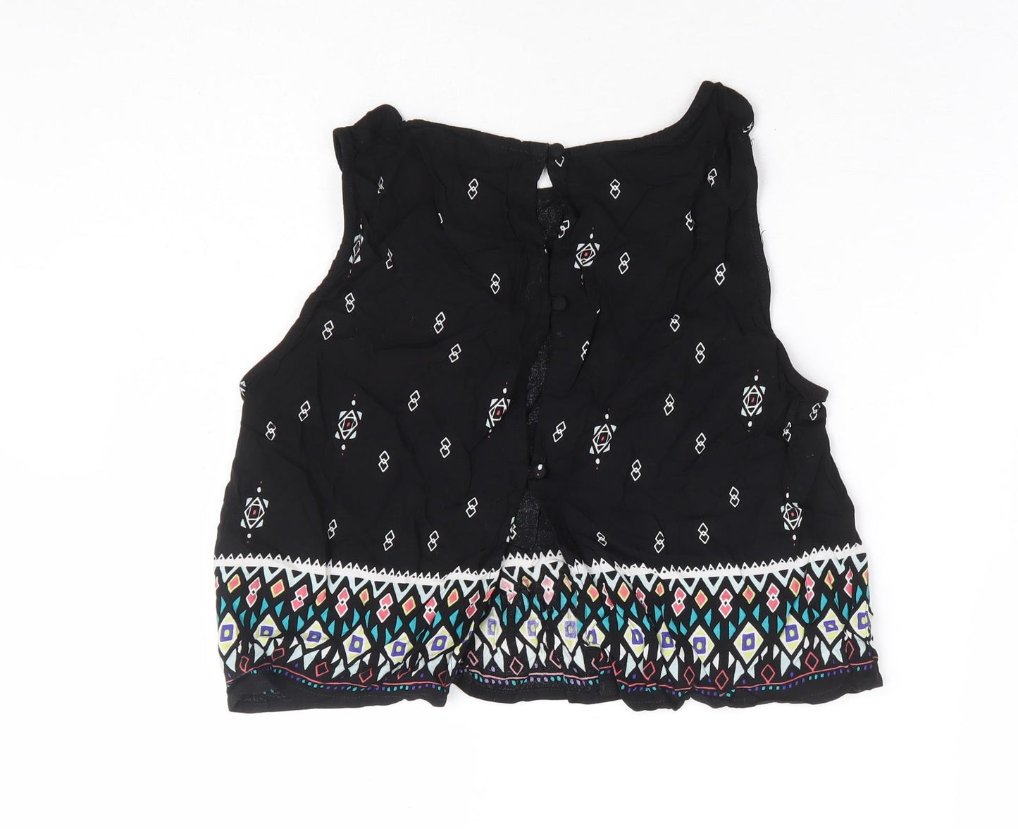 H&M Womens Black Geometric Viscose Cropped Blouse Size 12 Round Neck