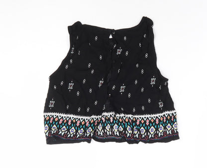 H&M Womens Black Geometric Viscose Cropped Blouse Size 12 Round Neck