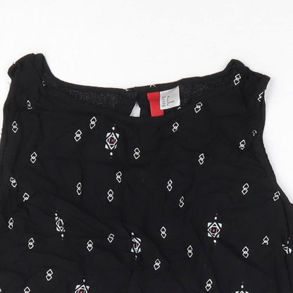 H&M Womens Black Geometric Viscose Cropped Blouse Size 12 Round Neck